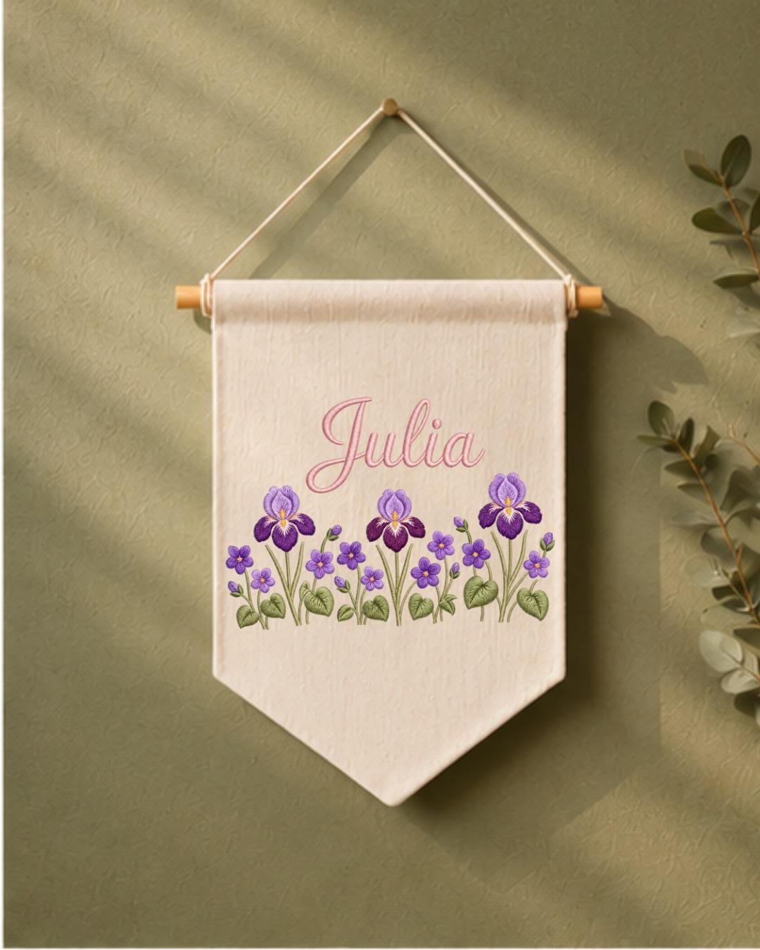 Personalized Iris Flower Wall Hanging, Embroidered Custom Name Banner, Purple Floral Nursery Decor, Botanical Baby Girl Room Gift