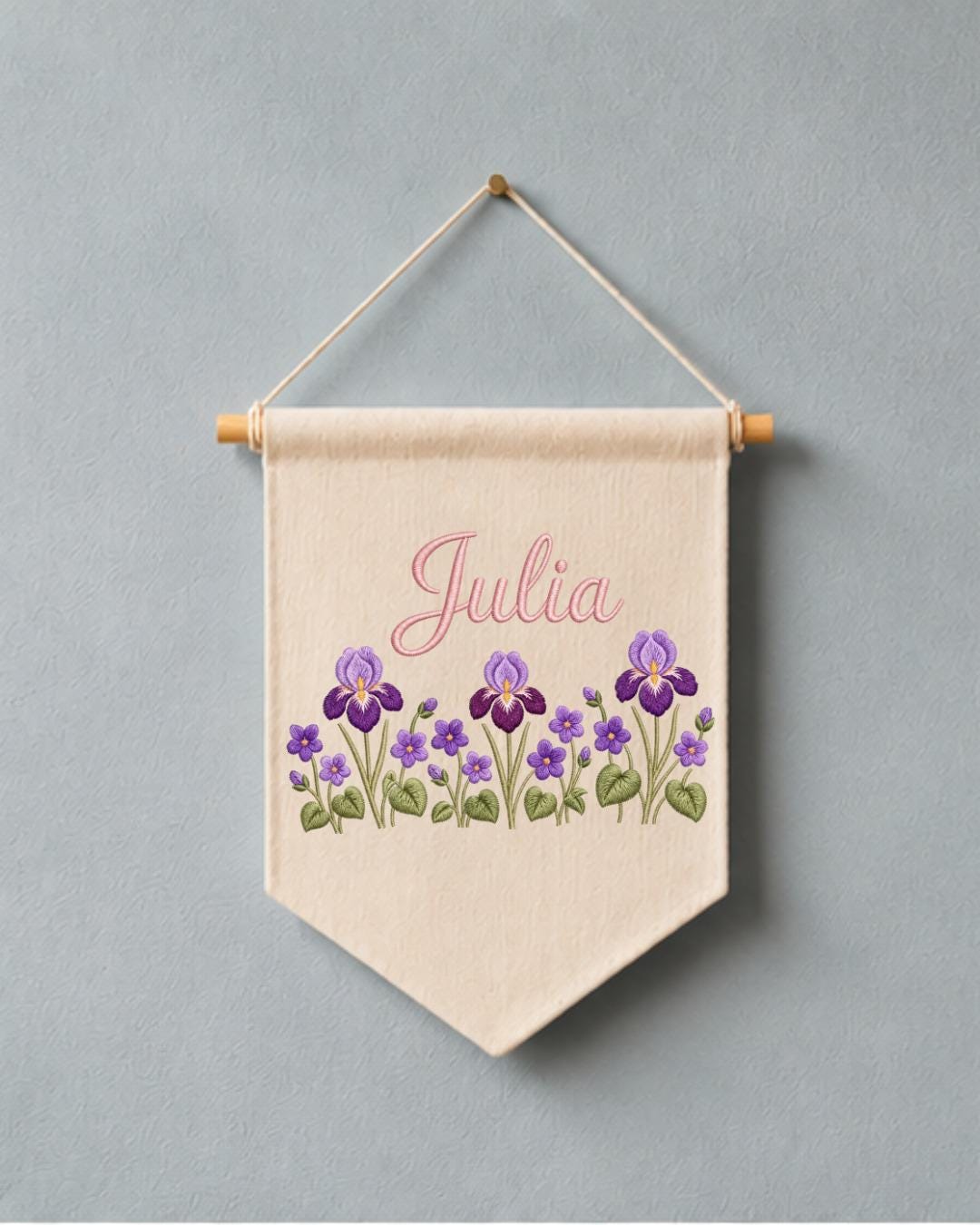 Personalized Iris Flower Wall Hanging, Embroidered Custom Name Banner, Purple Floral Nursery Decor, Botanical Baby Girl Room Gift