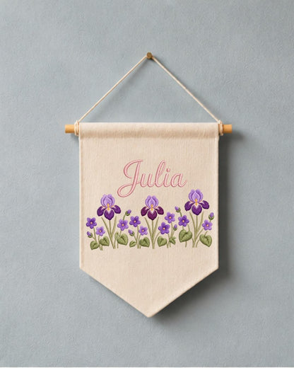 Personalized Iris Flower Wall Hanging, Embroidered Custom Name Banner, Purple Floral Nursery Decor, Botanical Baby Girl Room Gift