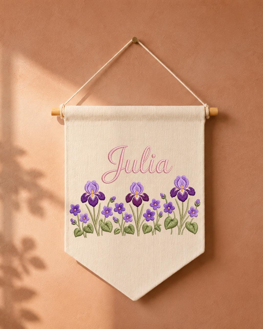 Personalized Iris Flower Wall Hanging, Embroidered Custom Name Banner, Purple Floral Nursery Decor, Botanical Baby Girl Room Gift