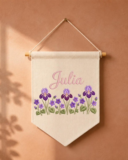 Personalized Iris Flower Wall Hanging, Embroidered Custom Name Banner, Purple Floral Nursery Decor, Botanical Baby Girl Room Gift