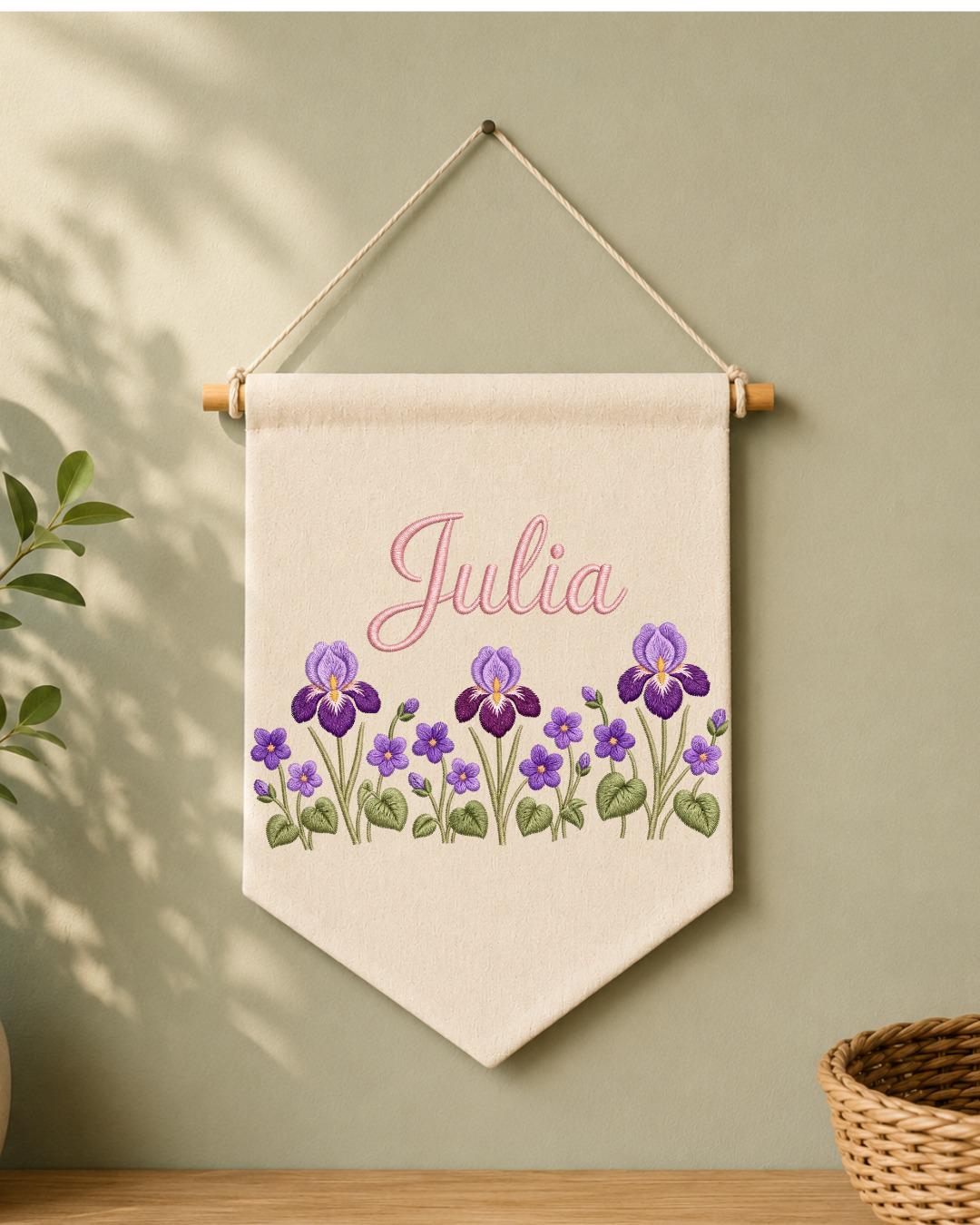Personalized Iris Flower Wall Hanging, Embroidered Custom Name Banner, Purple Floral Nursery Decor, Botanical Baby Girl Room Gift