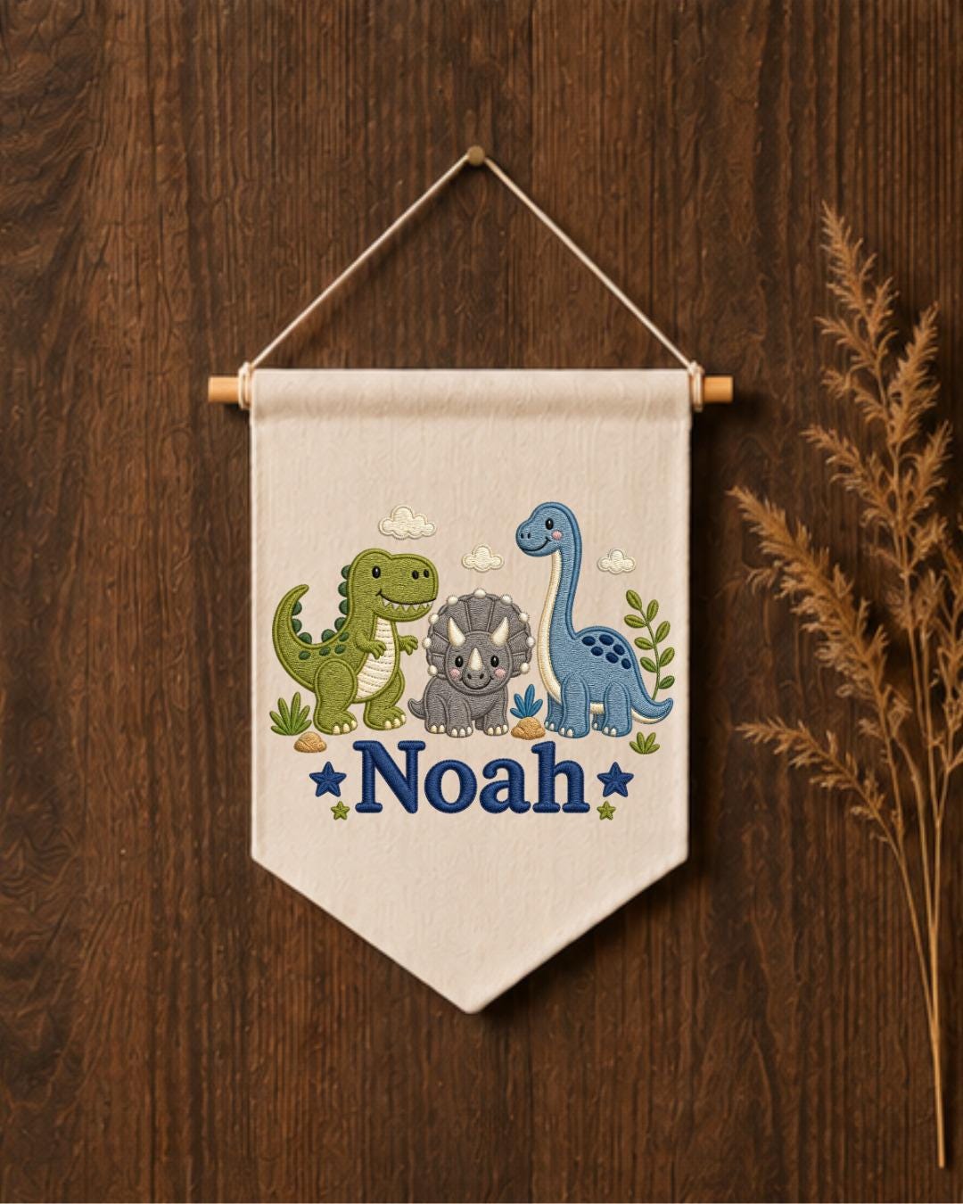 Personalized Dinosaur Nursery Wall Hanging, Embroidered Custom Name Banner, Cute Dino Baby Boy Room Decor, Prehistoric Nursery Gift