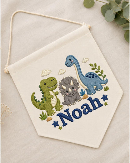 Personalized Dinosaur Nursery Wall Hanging, Embroidered Custom Name Banner, Cute Dino Baby Boy Room Decor, Prehistoric Nursery Gift
