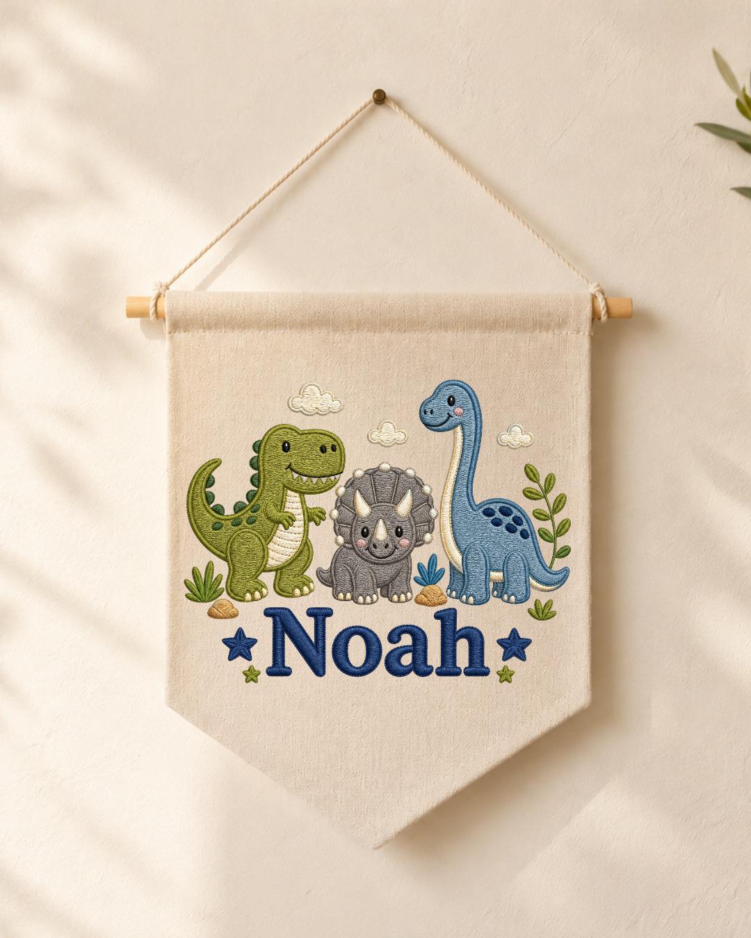 Personalized Dinosaur Nursery Wall Hanging, Embroidered Custom Name Banner, Cute Dino Baby Boy Room Decor, Prehistoric Nursery Gift