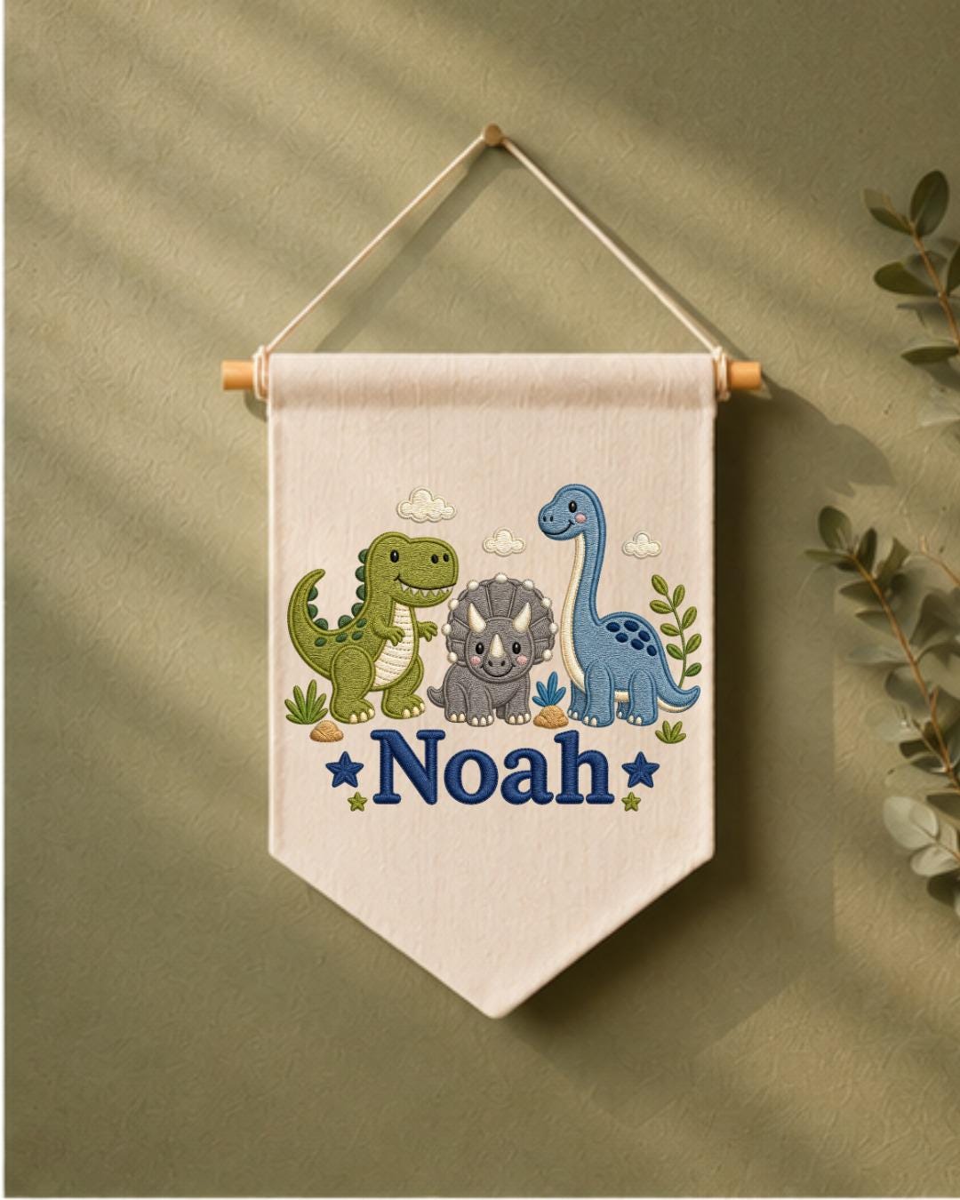Personalized Dinosaur Nursery Wall Hanging, Embroidered Custom Name Banner, Cute Dino Baby Boy Room Decor, Prehistoric Nursery Gift