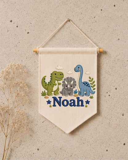 Personalized Dinosaur Nursery Wall Hanging, Embroidered Custom Name Banner, Cute Dino Baby Boy Room Decor, Prehistoric Nursery Gift