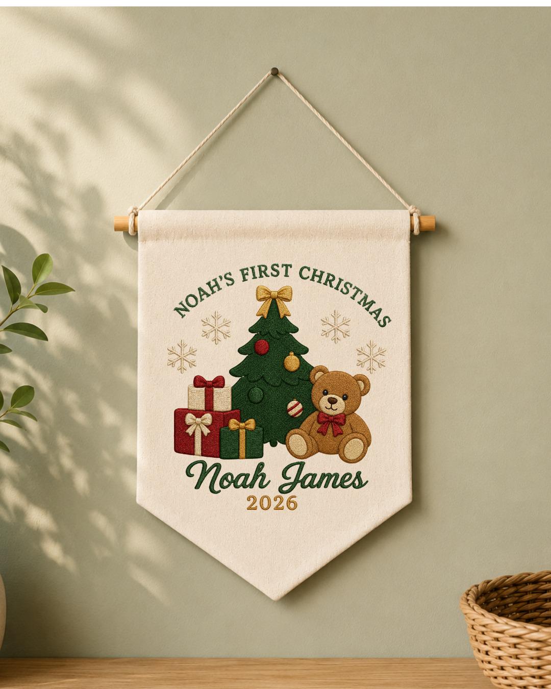 Personalized First Christmas Wall Hanging, Embroidered Custom Name Teddy Bear Banner, Baby Christmas Nursery Decor, Newborn Keepsake Gift