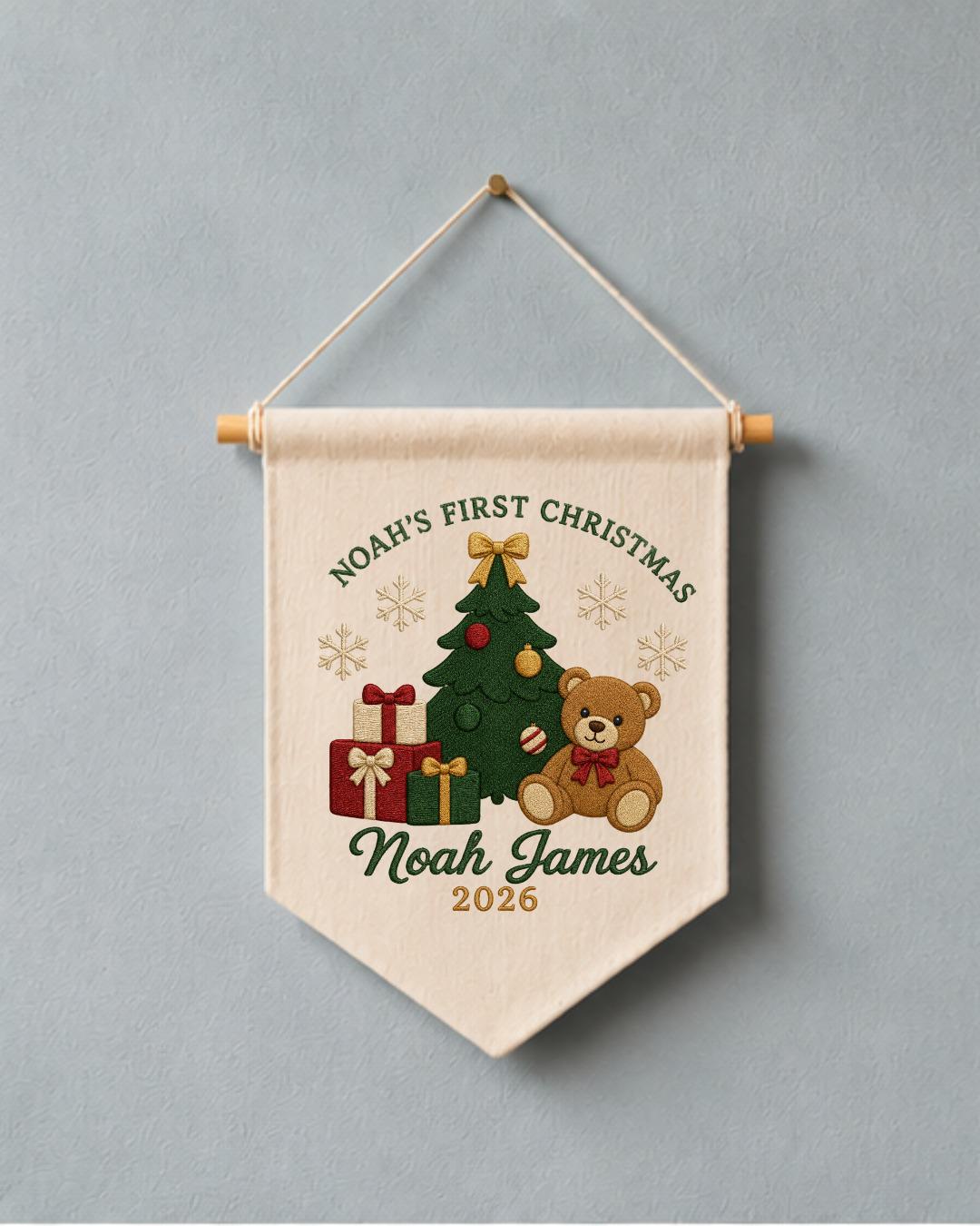 Personalized First Christmas Wall Hanging, Embroidered Custom Name Teddy Bear Banner, Baby Christmas Nursery Decor, Newborn Keepsake Gift