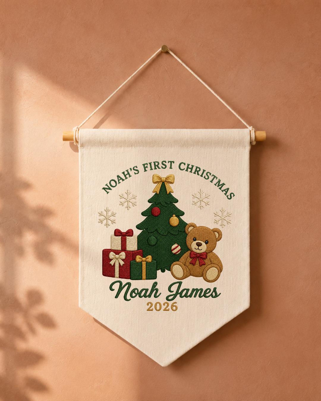 Personalized First Christmas Wall Hanging, Embroidered Custom Name Teddy Bear Banner, Baby Christmas Nursery Decor, Newborn Keepsake Gift