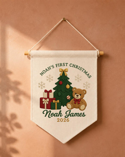 Personalized First Christmas Wall Hanging, Embroidered Custom Name Teddy Bear Banner, Baby Christmas Nursery Decor, Newborn Keepsake Gift