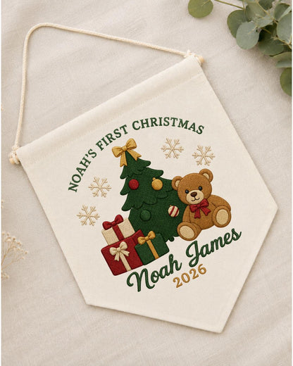 Personalized First Christmas Wall Hanging, Embroidered Custom Name Teddy Bear Banner, Baby Christmas Nursery Decor, Newborn Keepsake Gift