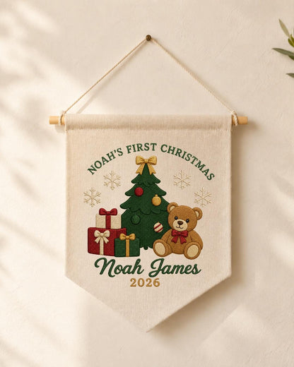 Personalized First Christmas Wall Hanging, Embroidered Custom Name Teddy Bear Banner, Baby Christmas Nursery Decor, Newborn Keepsake Gift