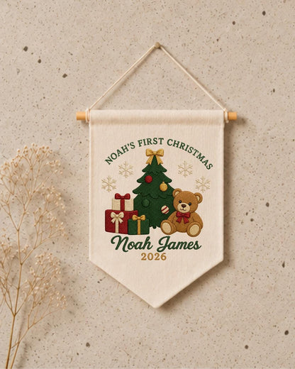 Personalized First Christmas Wall Hanging, Embroidered Custom Name Teddy Bear Banner, Baby Christmas Nursery Decor, Newborn Keepsake Gift