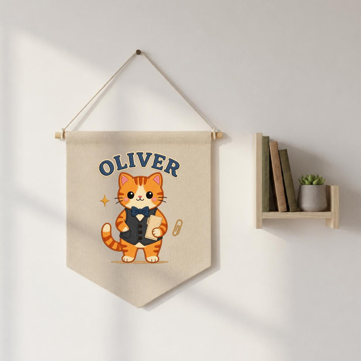 Personalized Orange Cat Linen Banner, Custom Name Wall Hanging, Nursery Decor Sign