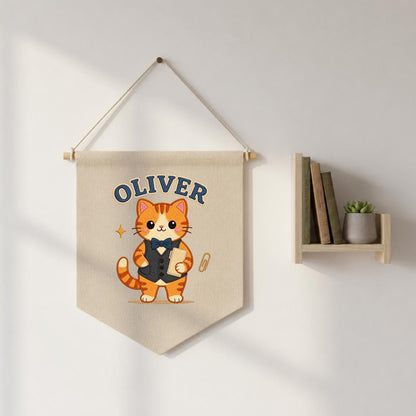 Personalized Orange Cat Linen Banner, Custom Name Wall Hanging, Nursery Decor Sign