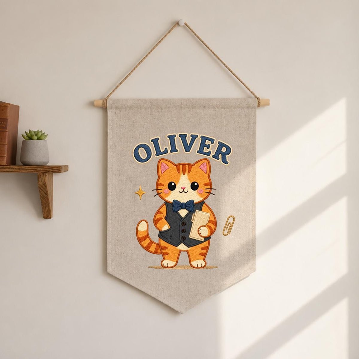 Personalized Orange Cat Linen Banner, Custom Name Wall Hanging, Nursery Decor Sign