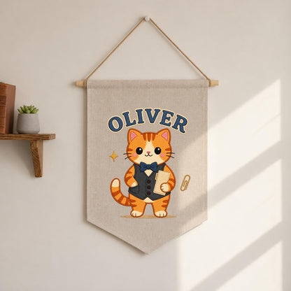 Personalized Orange Cat Linen Banner, Custom Name Wall Hanging, Nursery Decor Sign