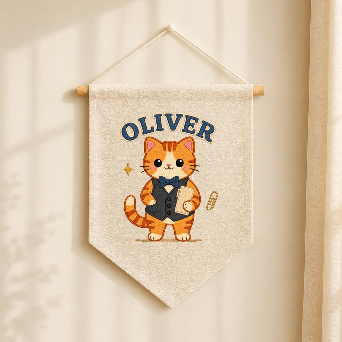Personalized Orange Cat Linen Banner, Custom Name Wall Hanging, Nursery Decor Sign
