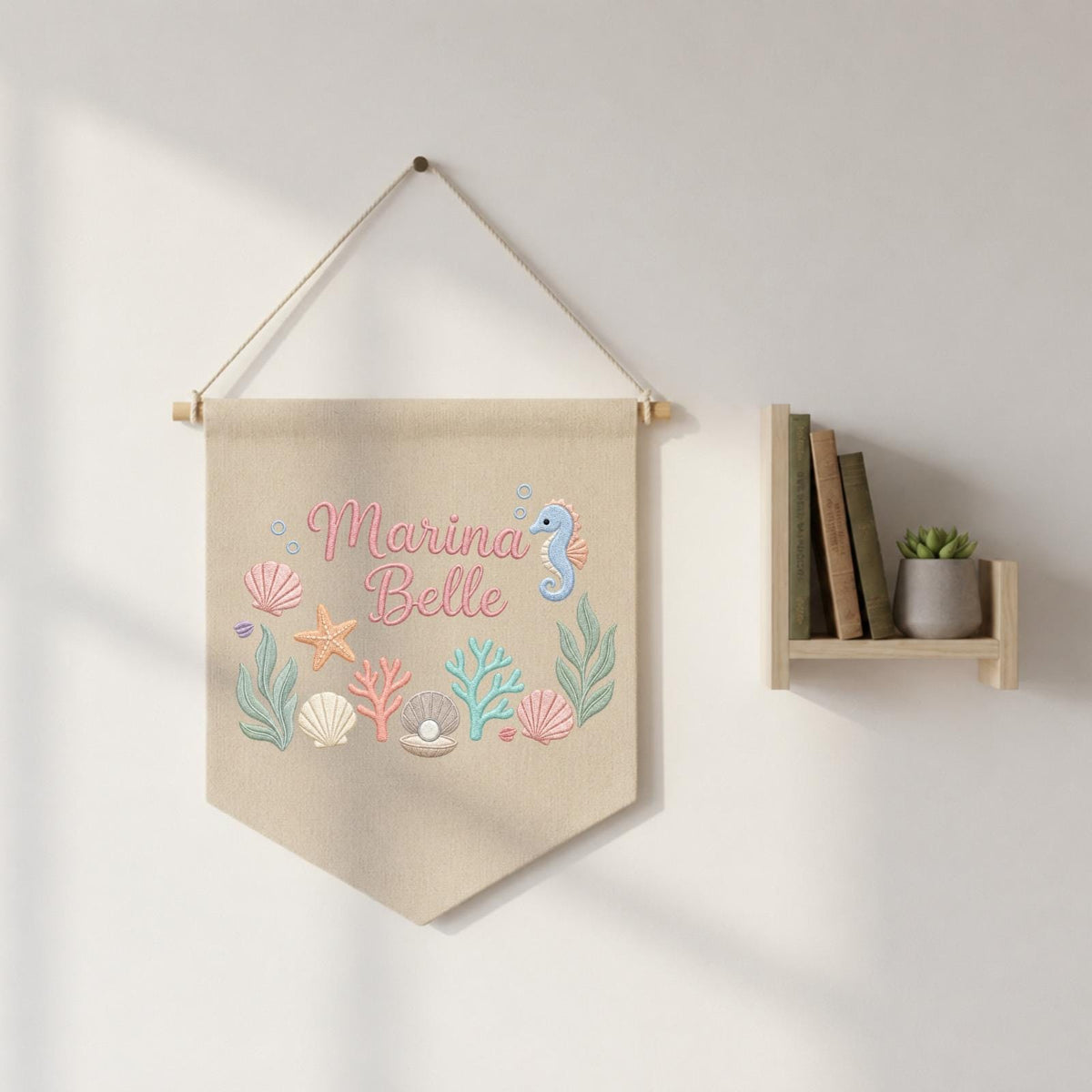 Personalized Embroidered Ocean Wall Hanging Banner, Custom Baby Name Sign, Seahorse Nursery Decor, Baby Girl Gift, Under the Sea Room