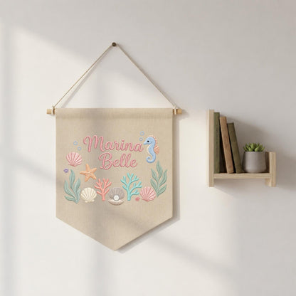 Personalized Embroidered Ocean Wall Hanging Banner, Custom Baby Name Sign, Seahorse Nursery Decor, Baby Girl Gift, Under the Sea Room