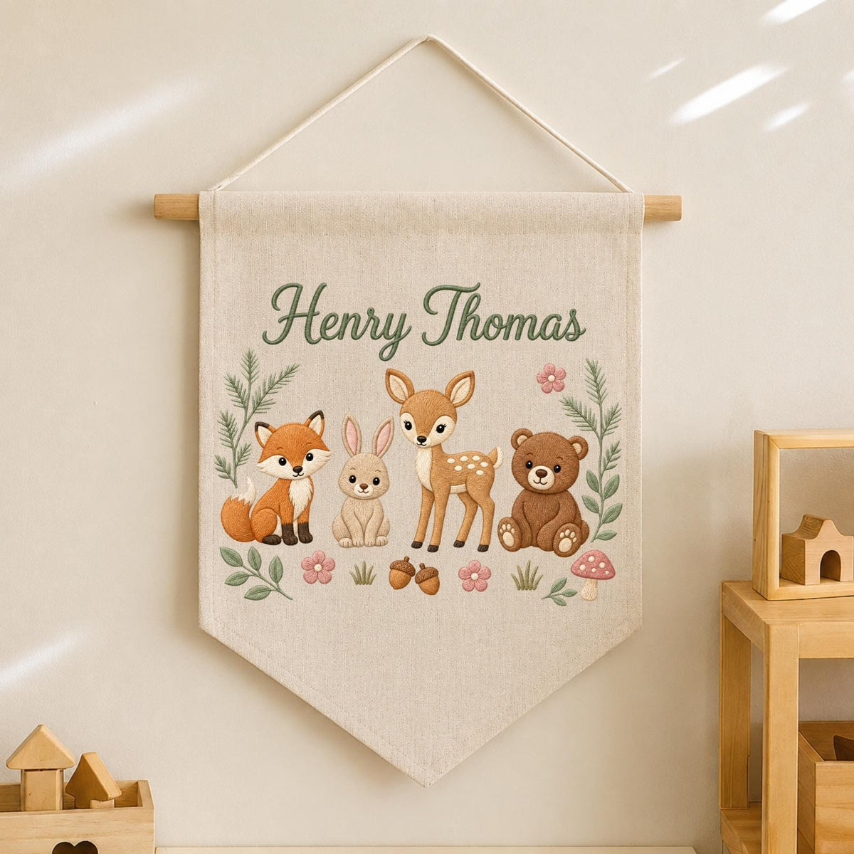 Personalized Embroidered Woodland Animals Wall Hanging Banner, Custom Baby Name Sign, Forest Nursery Decor, Baby Shower Gift