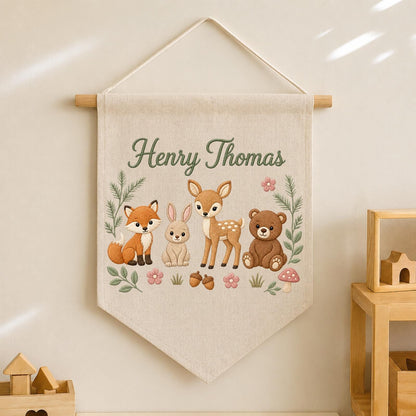Personalized Embroidered Woodland Animals Wall Hanging Banner, Custom Baby Name Sign, Forest Nursery Decor, Baby Shower Gift