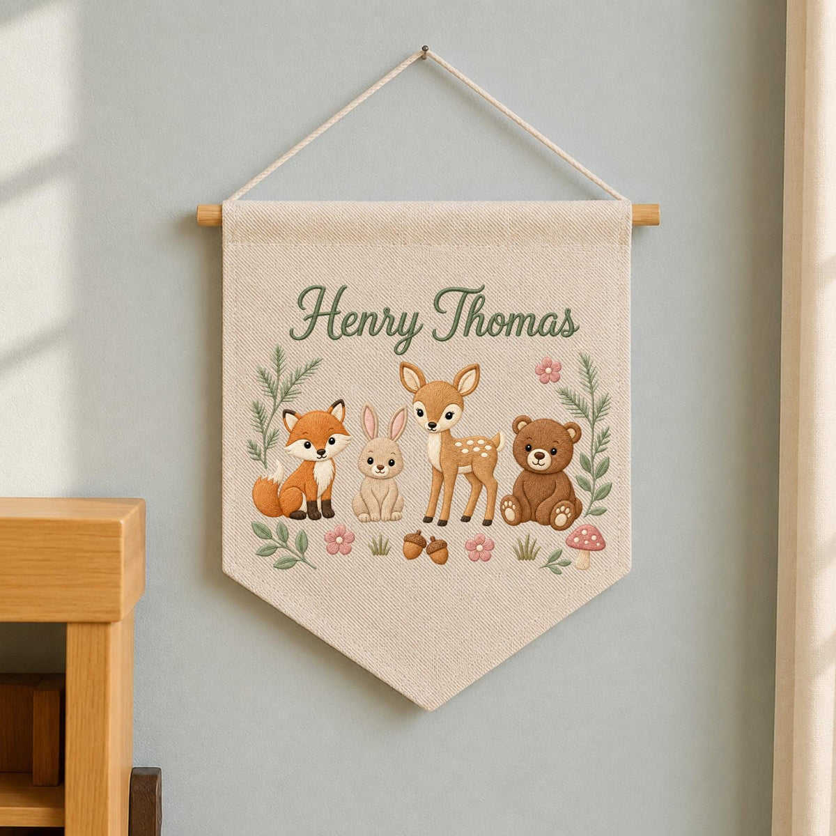 Personalized Embroidered Woodland Animals Wall Hanging Banner, Custom Baby Name Sign, Forest Nursery Decor, Baby Shower Gift