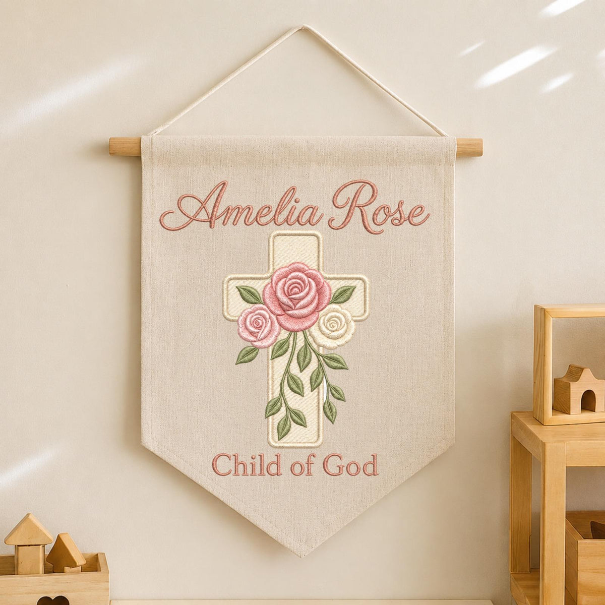 Personalized Embroidered Christian Wall Hanging Banner, Custom Baby Name Sign, Floral Cross Nursery Decor, Baptism Gift, Child of God Decor