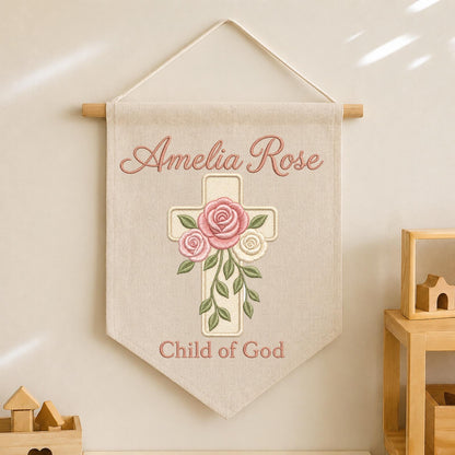 Personalized Embroidered Christian Wall Hanging Banner, Custom Baby Name Sign, Floral Cross Nursery Decor, Baptism Gift, Child of God Decor