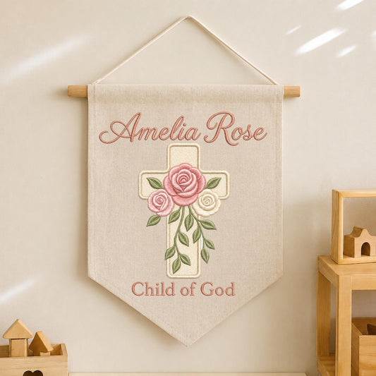 Personalized Embroidered Christian Wall Hanging Banner, Custom Baby Name Sign, Floral Cross Nursery Decor, Baptism Gift, Child of God Decor