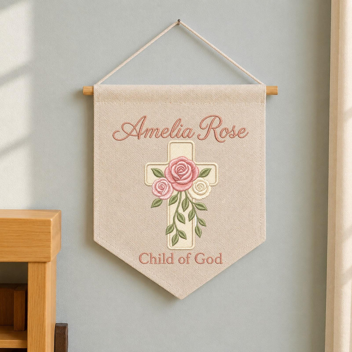 Personalized Embroidered Christian Wall Hanging Banner, Custom Baby Name Sign, Floral Cross Nursery Decor, Baptism Gift, Child of God Decor