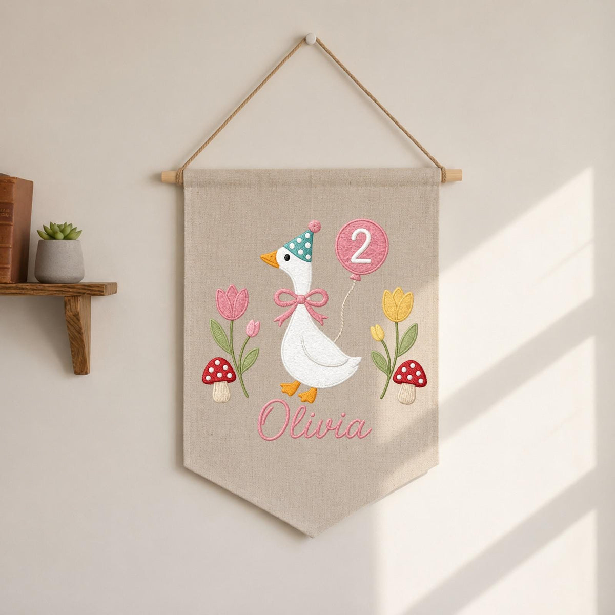 Personalized Embroidered Goose Birthday Wall Hanging Banner, Custom Name Sign, 2nd Birthday Decor, Two Year Old Gift, Girl Nursery