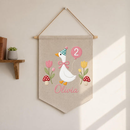 Personalized Embroidered Goose Birthday Wall Hanging Banner, Custom Name Sign, 2nd Birthday Decor, Two Year Old Gift, Girl Nursery