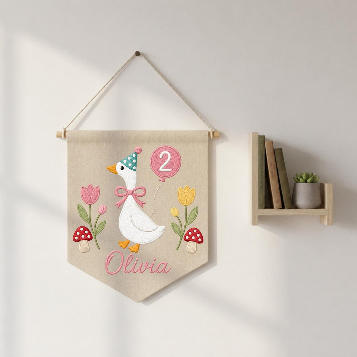 Personalized Embroidered Goose Birthday Wall Hanging Banner, Custom Name Sign, 2nd Birthday Decor, Two Year Old Gift, Girl Nursery
