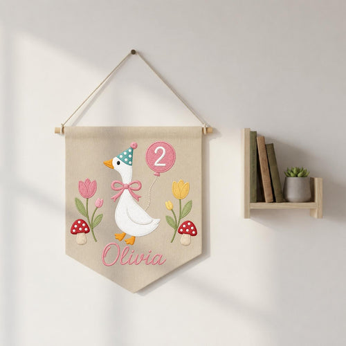 Personalized Embroidered Goose Birthday Wall Hanging Banner, Custom Name Sign, 2nd Birthday Decor, Two Year Old Gift, Girl Nursery