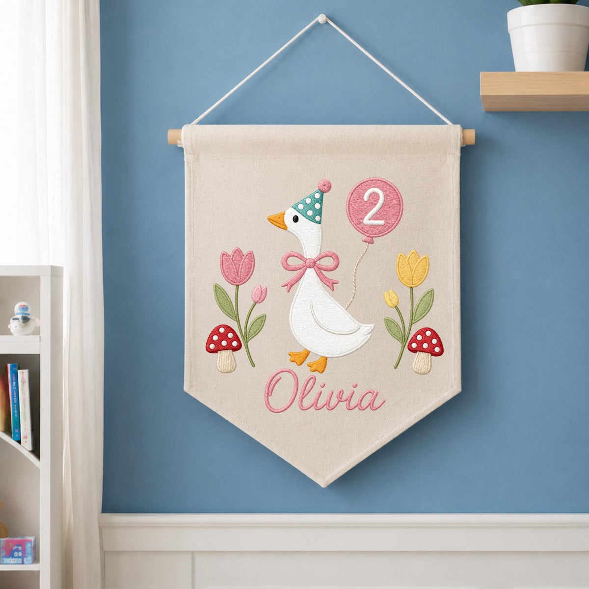 Personalized Embroidered Goose Birthday Wall Hanging Banner, Custom Name Sign, 2nd Birthday Decor, Two Year Old Gift, Girl Nursery