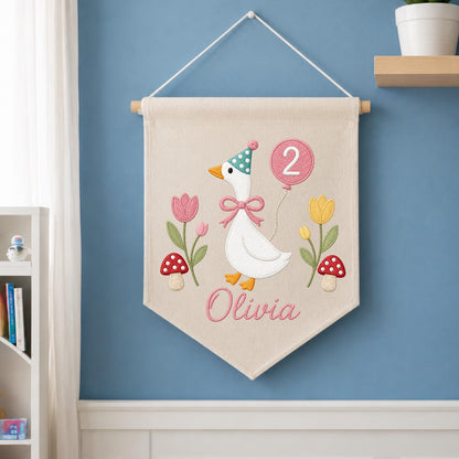 Personalized Embroidered Goose Birthday Wall Hanging Banner, Custom Name Sign, 2nd Birthday Decor, Two Year Old Gift, Girl Nursery