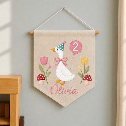 Personalized Embroidered Goose Birthday Wall Hanging Banner, Custom Name Sign, 2nd Birthday Decor, Two Year Old Gift, Girl Nursery