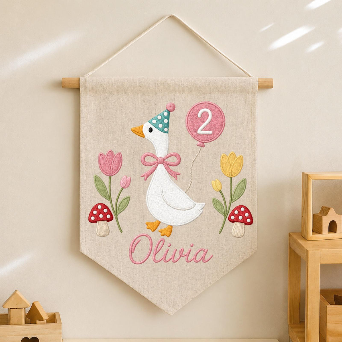 Personalized Embroidered Goose Birthday Wall Hanging Banner, Custom Name Sign, 2nd Birthday Decor, Two Year Old Gift, Girl Nursery