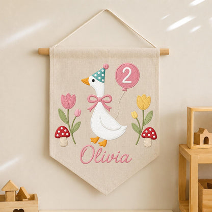 Personalized Embroidered Goose Birthday Wall Hanging Banner, Custom Name Sign, 2nd Birthday Decor, Two Year Old Gift, Girl Nursery