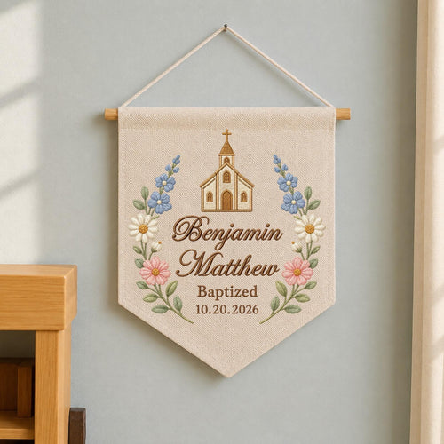 Personalized Embroidered Baptism Wall Hanging Banner, Custom Baby Name Sign, Church Christening Gift, Floral Christian Nursery Decor