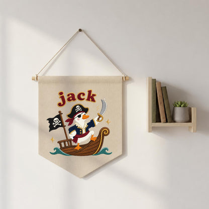 Personalized Pirate Duck Embroidered Pennant Banner, Nursery Wall Hanging Sign