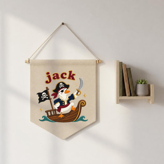 Personalized Pirate Duck Embroidered Pennant Banner, Nursery Wall Hanging Sign