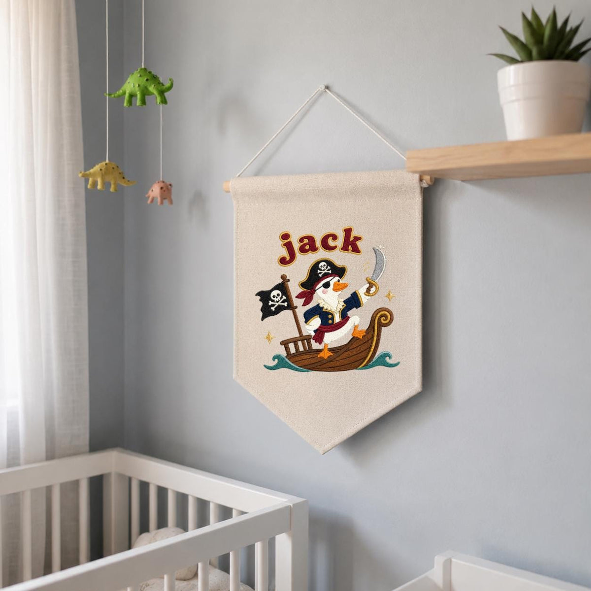 Personalized Pirate Duck Embroidered Pennant Banner, Nursery Wall Hanging Sign