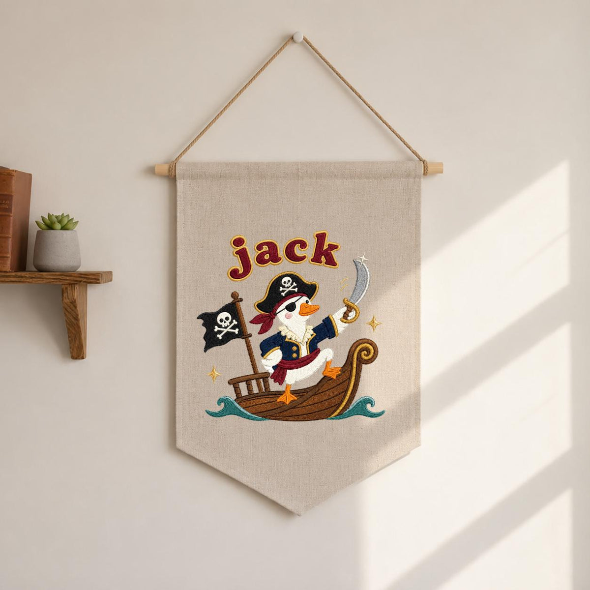 Personalized Pirate Duck Embroidered Pennant Banner, Nursery Wall Hanging Sign