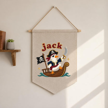 Personalized Pirate Duck Embroidered Pennant Banner, Nursery Wall Hanging Sign