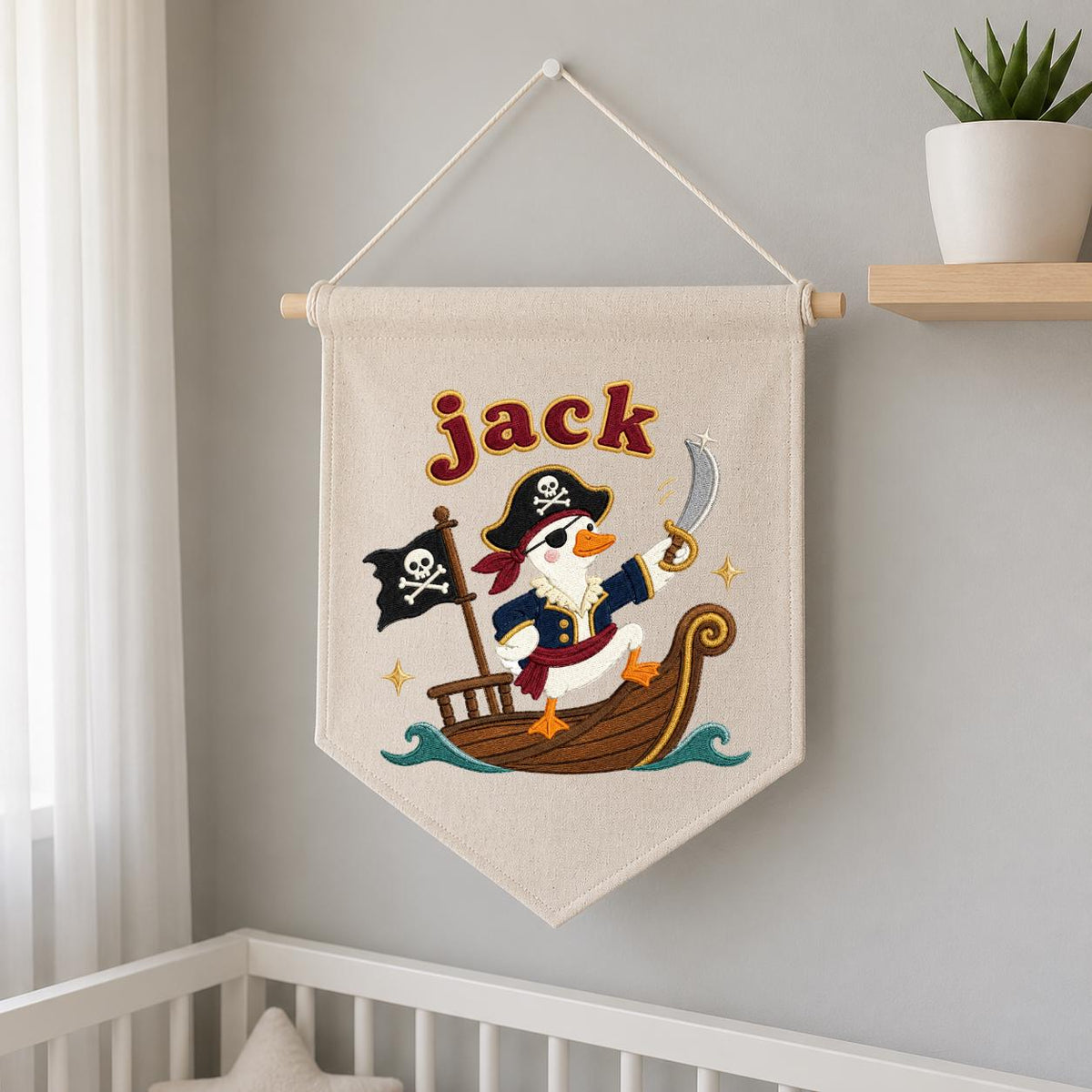 Personalized Pirate Duck Embroidered Pennant Banner, Nursery Wall Hanging Sign