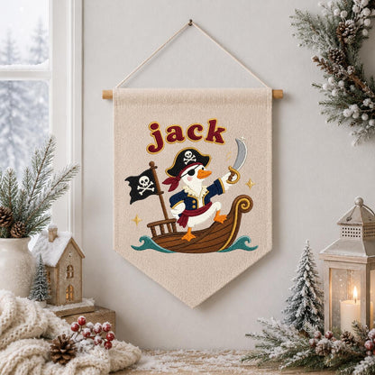 Personalized Pirate Duck Embroidered Pennant Banner, Nursery Wall Hanging Sign