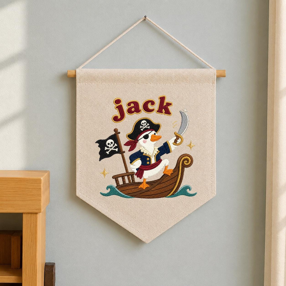 Personalized Pirate Duck Embroidered Pennant Banner, Nursery Wall Hanging Sign